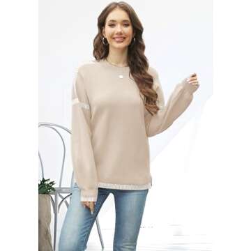 Soesdemo Apricot Womens Sweater Oversized Crew Neck Long Sleeve Ribbed Side Slit Loose Fit Casual Pu...