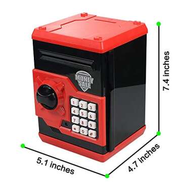 Suliper Electronic Piggy Bank Code Lock for Kids Baby Toy, Mini ATM Safe Coin Cash Banks Real Money Saving Box with Password, Auto Money Scroll for Children,Boys Girls Birthday Gift (Black/Red)