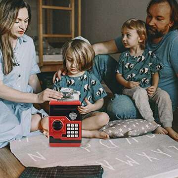 Suliper Electronic Piggy Bank Code Lock for Kids Baby Toy, Mini ATM Safe Coin Cash Banks Real Money Saving Box with Password, Auto Money Scroll for Children,Boys Girls Birthday Gift (Black/Red)