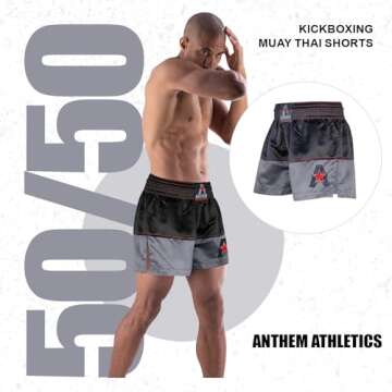 Anthem Athletics 50/50 Muay Thai Shorts - Ultimate Kickboxing Trunks for All Sizes - Black, Grey & R...