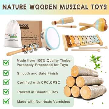 LOOIKOOS Toddler Musical Instruments Toys, Wooden Percussion Instruments Set for Kids Baby with Xylo...