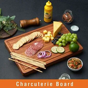 Bamboo Wood Cutting Board for Kitchen, Cheese Chopping Board, Butcher Block, 1.2" Thick with Hidden Side Handles and Juice Grooves