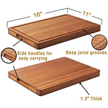 Bamboo Wood Cutting Board for Kitchen, Cheese Chopping Board, Butcher Block, 1.2" Thick with Hidden Side Handles and Juice Grooves