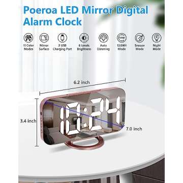 Digital Alarm Clock,7 Inch LED Mirrored Large Display, with Dual USB Charger Ports,Auto Dim,Snooze F...
