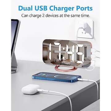 Digital Alarm Clock,7 Inch LED Mirrored Large Display, with Dual USB Charger Ports,Auto Dim,Snooze Function,Modern Desk Wall Electronic Clocks for Bedroom Living Room Office - Rose Gold