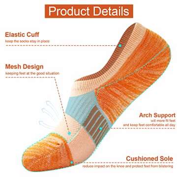 Toes Home No Show Socks Womens Cushioned Low Cut Athletic Hidden Liner Socks for Sneakers Footies Ankle Sports Invisible Running Socks 6 Pairs Size 6-9