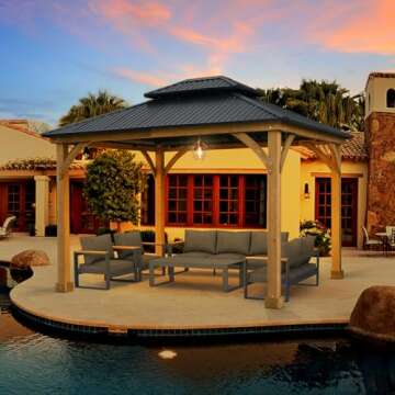 Aoodor 12 x 10 ft Outdoor Solid Wooden Frame Gazebo with 2-Tier Hardtop Roof, for Patio, Backyard, Deck, and Lawn, Black Canopy