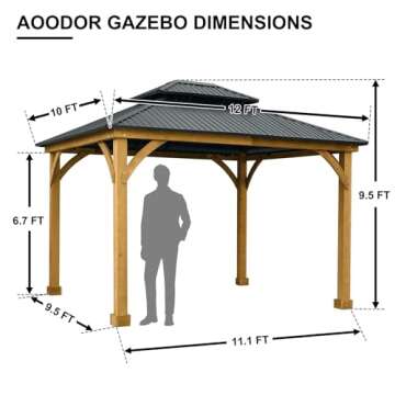 Aoodor 12 x 10 ft Outdoor Solid Wooden Frame Gazebo with 2-Tier Hardtop Roof, for Patio, Backyard, Deck, and Lawn, Black Canopy