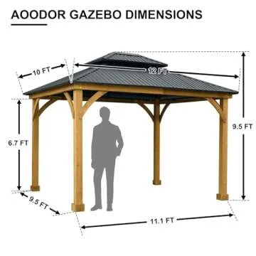 Aoodor 12 x 10 ft Outdoor Solid Wooden Frame Gazebo with 2-Tier Hardtop Roof, for Patio, Backyard, Deck, and Lawn, Black Canopy