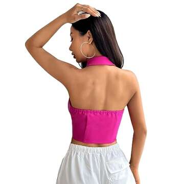 Verdusa Women's Notch Neck Backless Asymmetrical Hem Button Front Crop Blazer Vest Hot Pink Medium