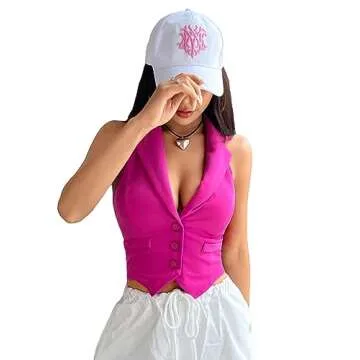 Verdusa Women's Notch Neck Backless Asymmetrical Hem Button Front Crop Blazer Vest Hot Pink Medium