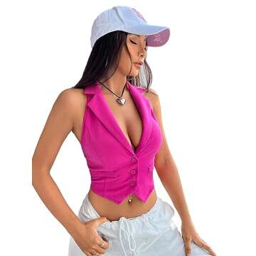 Verdusa Women's Notch Neck Backless Asymmetrical Hem Button Front Crop Blazer Vest Hot Pink Medium
