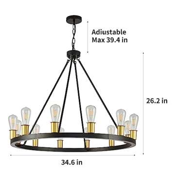 TELAFLY 12-Light Black Gold Wagon Wheel Chandelier