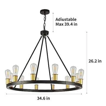 TELAFLY 12-Light Black Gold Wagon Wheel Chandelier