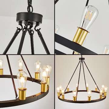 TELAFLY 12-Light Black Gold Wagon Wheel Chandelier