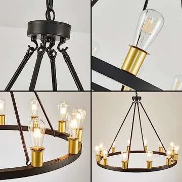 TELAFLY 12-Light Black Gold Wagon Wheel Chandelier