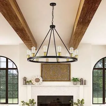 TELAFLY 12-Light Black Gold Wagon Wheel Chandelier