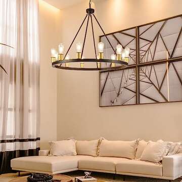 TELAFLY 12-Light Black Gold Wagon Wheel Chandelier