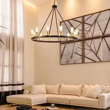 TELAFLY 12-Light Black Gold Wagon Wheel Chandelier