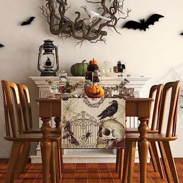 Linen Retro Halloween Table Runner Halloween Gothic Skull Tablecloth Day of The Dead Roses Skull Decor Halloween Decorations and Supplies for Home Kitchen Table-13×72’’