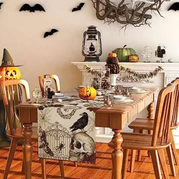 Linen Retro Halloween Table Runner Gothic Skull Decor