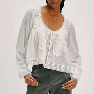 Women Y2k Long Sleeve Shirts Ruffles Lace Trim Sheer Mesh See Through Round Neck Going Out Tank Tops Blouses (Ivory, L)