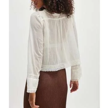 Women Y2k Long Sleeve Shirts Ruffles Lace Trim Sheer Mesh See Through Round Neck Going Out Tank Tops Blouses (Ivory, L)