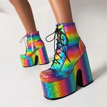 MMKJHNBHQ Women's Side Zipper Combat Boots, Printed Platform Cycling Boots, Suitable for Winter Lace...