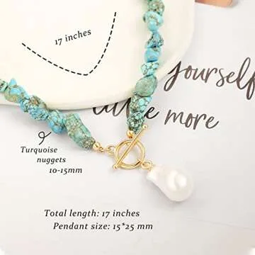 Chunky Statement Turquoise Necklace, Big Baroque Pearl Pendant Choker, Trendy Turquoise Jewelry for Summer