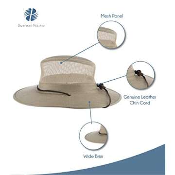 Dorfman Pacific Men's Twill Mesh Ventilation Sun Protection Safari Hat With Genuine Leather Trim, Khaki, XX-Large, 13" x 11" x 6"