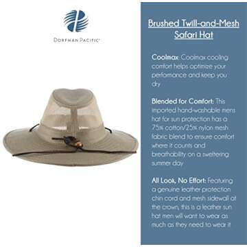 Dorfman Pacific Men's Twill Mesh Ventilation Sun Protection Safari Hat With Genuine Leather Trim, Khaki, XX-Large, 13" x 11" x 6"