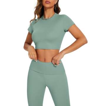 SEASUM Women 2 Piece Y2K Casual Workout Outfits - Crop Tops & Fold Over Yoga Pants