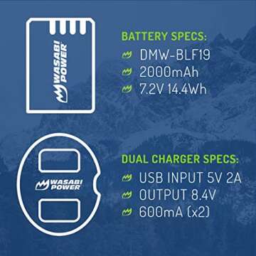 Wasabi Power Battery (2-Pack) and Dual USB Charger for Panasonic DMW-BLF19 and Panasonic Lumix DMC-GH3, DMC-GH4, DC-GH5, DC-GH5S, DC-G9