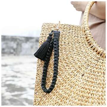 Poagoep Macrame Boho Keychain Bracelet Handmade Tassel Wristlet Keychain Keyring Holder Wrist Lanyar...