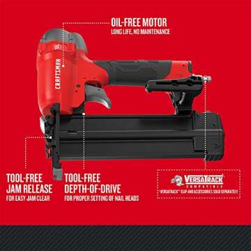 CRAFTSMAN 18GA Pneumatic Nail Gun - Maintenance Free with Tool-Free Adjustment