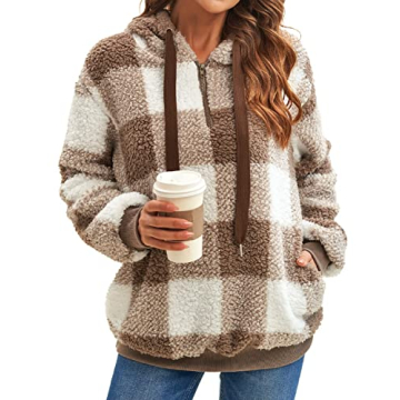 ReachMe Womens Oversized Sherpa Pullover Hoodie with Pockets Fuzzy Fleece Sweatshirt Plaid Fluffy Ja...