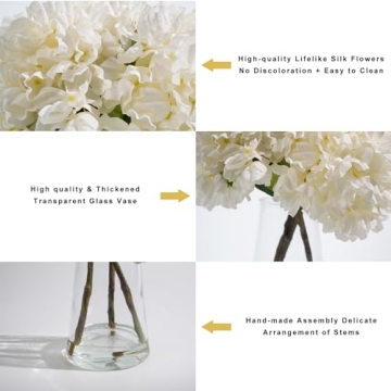 LovFove 3pcs White Hydrangea Artificial Flowers in Vases