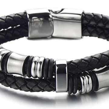 COOLSTEELANDBEYOND Mens Black Braided Leather Bracelet Double-Row Bangle Wristband with Stainless St...