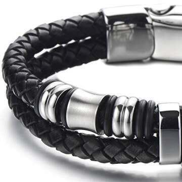 COOLSTEELANDBEYOND Mens Black Braided Leather Bracelet Double-Row Bangle Wristband with Stainless Steel Ornament
