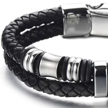 COOLSTEELANDBEYOND Mens Black Braided Leather Bracelet Double-Row Bangle Wristband with Stainless Steel Ornament