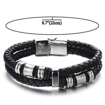 COOLSTEELANDBEYOND Mens Black Braided Leather Bracelet Double-Row Bangle Wristband with Stainless Steel Ornament