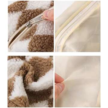 Checkered Makeup Bag, Checkered Plush Cosmetic Bag, Asthetic Plaid Handbags, Cute Zipper Large Travel Toiletry Bag, Soft Storage Pouch Pencil Case Fluffy Fuzzy Makeup Bag for Women Girls (Khaki)