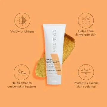 Volition Beauty Turmeric Brightening Polish with Oatmeal + Vitamin E | Physical Scrub to Exfoliate Face & Body | Removes Dead Skin, Boosts Luminosity & Glow, Smooths & Hydrates | Non-Stain Formula