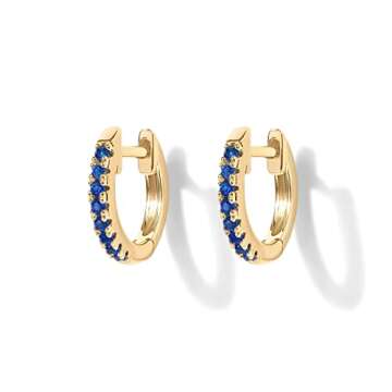 PAVOI 14K Gold Plated Sterling Silver Post Huggies | Cubic Zirconia Huggie Earrings for Women | Nano Spinel Blue Stones, Yellow Gold