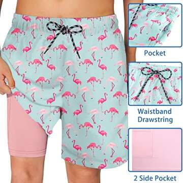 swimsobo Boys Swim Trunks for Size 14-16 Kids Compression Liner Swimming Hawaii Pink Flamingo Bathin...