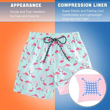 swimsobo Boys Swim Trunks for Size 14-16 Kids Compression Liner Swimming Hawaii Pink Flamingo Bathing Suit Beach Swim Shorts