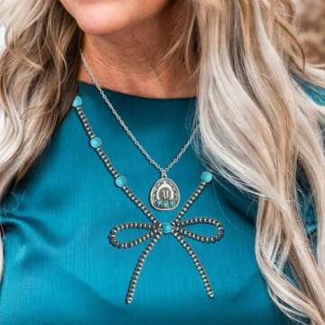 Navajo Pearl Bow Necklace Western Jewelry for Women Cowgirl Turquoise Necklaces Jewelry (12)