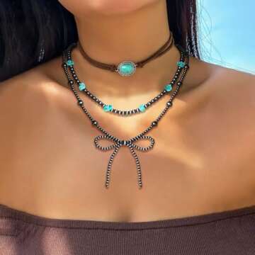 Navajo Pearl Bow Necklace Western Jewelry for Women Cowgirl Turquoise Necklaces Jewelry (12)