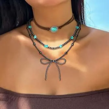 Navajo Pearl Bow Necklace Western Jewelry for Women Cowgirl Turquoise Necklaces Jewelry (12)