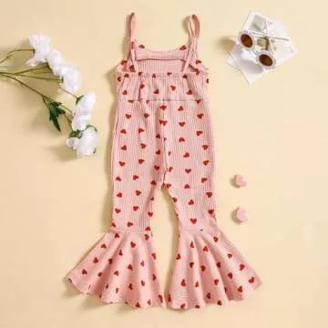 Guodeunh Toddler Baby Girls Bell-Bottoms Jumpsuit Ribbed Sleeveless Spaghetti Straps Romper Heart Print Valentines Outfit (Pink, 12-18 Months)